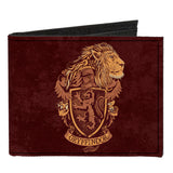 Canvas Bi-Fold Wallet - GRYFFINDOR Lion Crest + DETERMINATION BRAVERY COURAGE Banner Burgundy Reds Golds