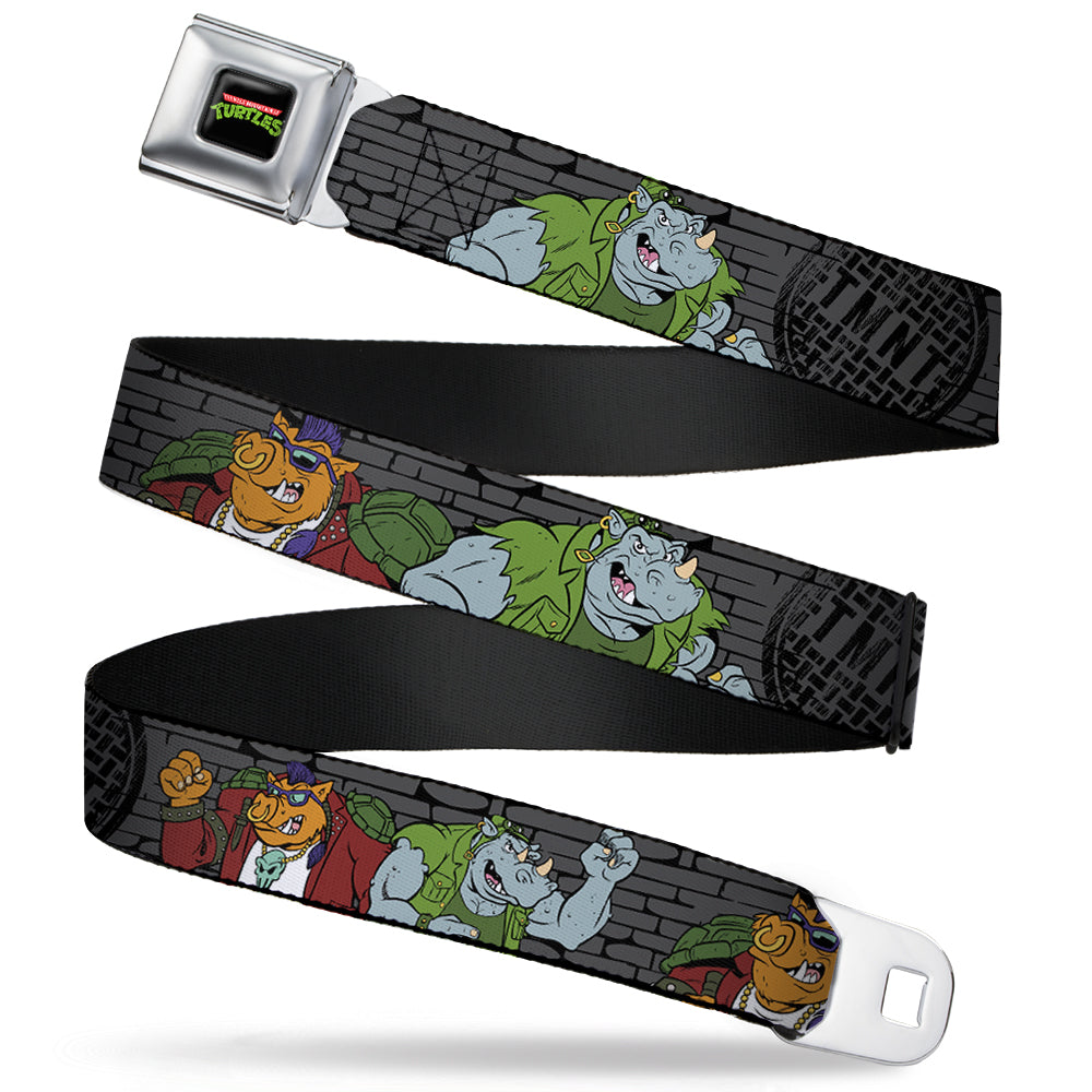 Classic TMNT Logo Full Color Seatbelt Belt - TMNT Rocksteady & Bebop Poses Bricks Gray/Black Webbing