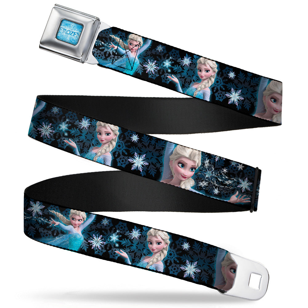 FROZEN Logo Full Color Blues Seatbelt Belt - Elsa the Snow Queen Poses PERFECT AND POWERFUL Blues/White Webbing