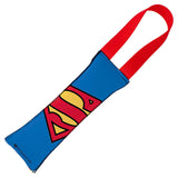 Dog Toy Squeaky Tug Toy - Superman Face + Shield Icon CLOSE-UP Blue Red - RED Webbing