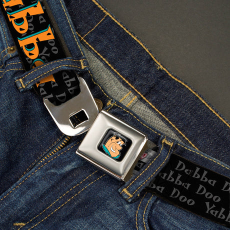 Fred Face Full Color Black Seatbelt Belt - Fred Face/Pose YABBA DABBA DOO Black/Gray/Orange Webbing