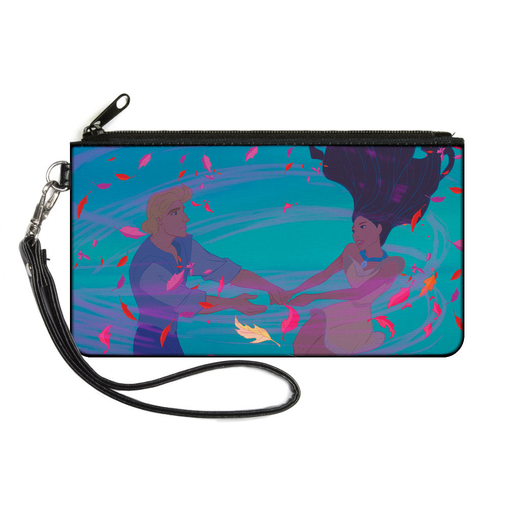 Canvas Zipper Wallet - LARGE - Pocahontas & John Smith Colors of the Wind Pose Leaves Blues Pinks