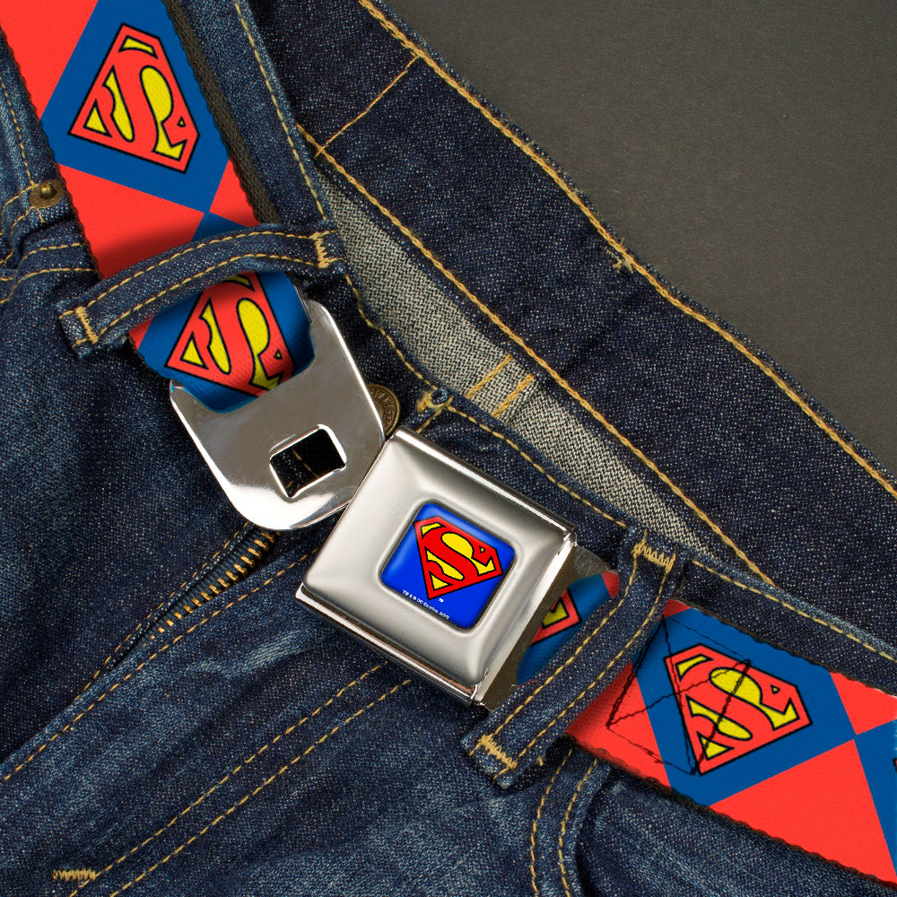 Superman Full Color Blue Seatbelt Belt - Superman Shield Diamond Outline Red/Blue/Yellow Webbing