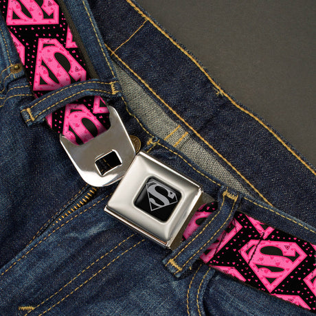 Superman Black Silver Seatbelt Belt - Diagonal Superman Logo w/Hearts Black/Pink Webbing