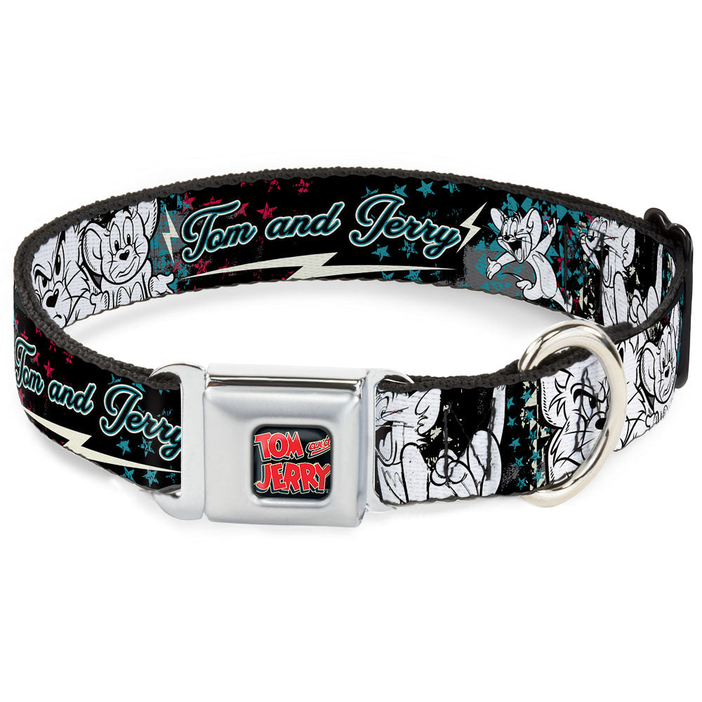 Tom and Jerry Logo Full Color Black Red Seatbelt Buckle Collar - TOM & JERRY Face & Pose Sketch Black/White/Red/Blue