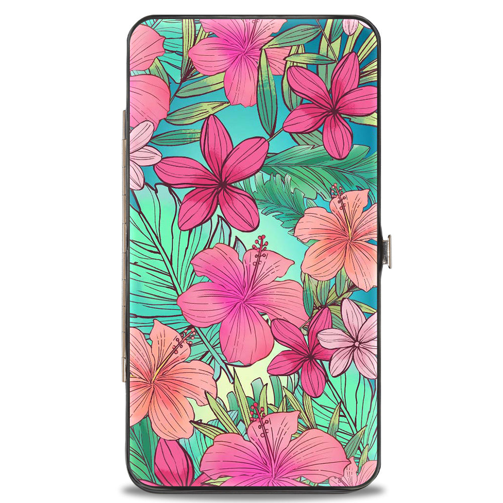 Hinged Wallet - Ariel Fixing Hair Pose + Tropical Flowers Blues Pinks