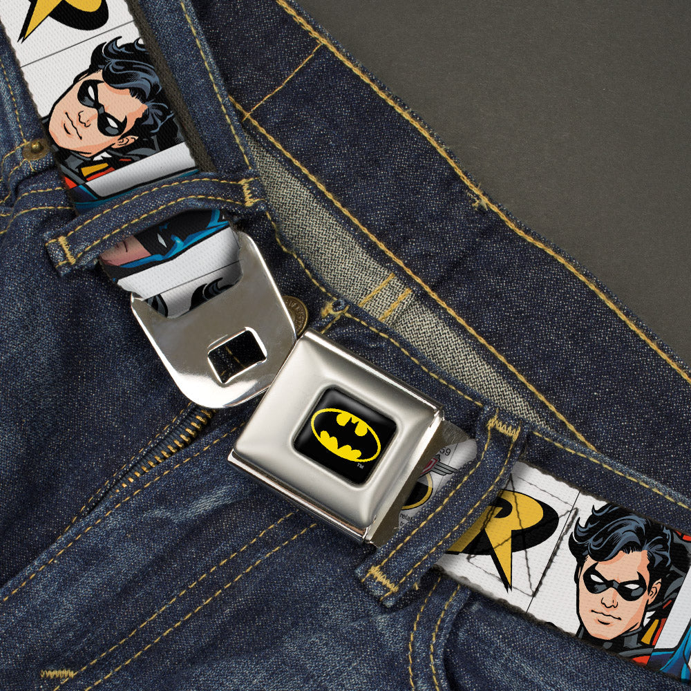 Batman Full Color Black Yellow Seatbelt Belt - Batman & Robin Blocks White Webbing