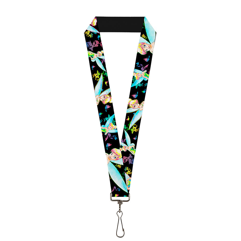 Lanyard - 1.0" - Glowing Tinker Bell Poses Butterflies & Flowers Black Multi Neon