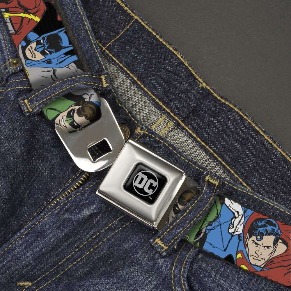 DC Round Logo Black/Silver Seatbelt Belt - Justice League Superheroes CLOSE-UP New Webbing