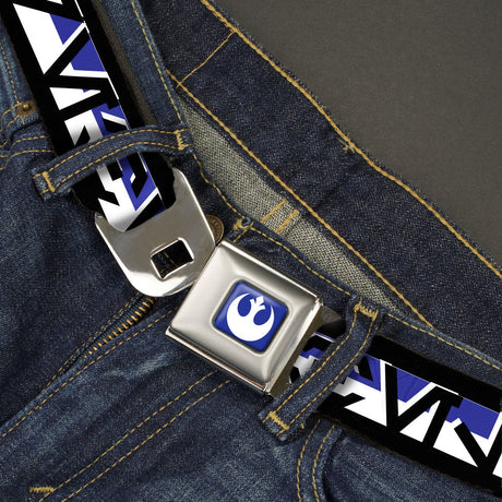 Star Wars Rebel Alliance Insignia Full Color Black/White Seatbelt Belt - Star Wars Aurebesh REBEL Stripe Black/Blue/White Webbing