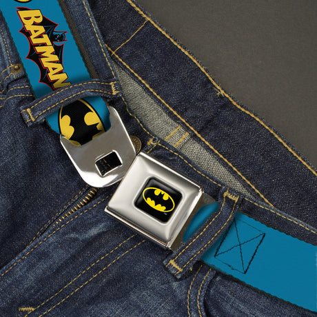 Batman Full Color Black Yellow Seatbelt Belt - Vintage Batman Logo & Bat Signal Blue Webbing