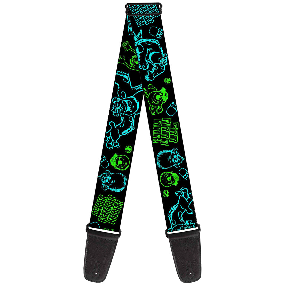 Guitar Strap - Monsters Inc Sully & Mike Poses GRRRRR! Black Turquoise Green