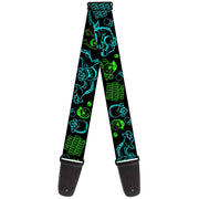 Guitar Strap - Monsters Inc Sully & Mike Poses GRRRRR! Black Turquoise Green