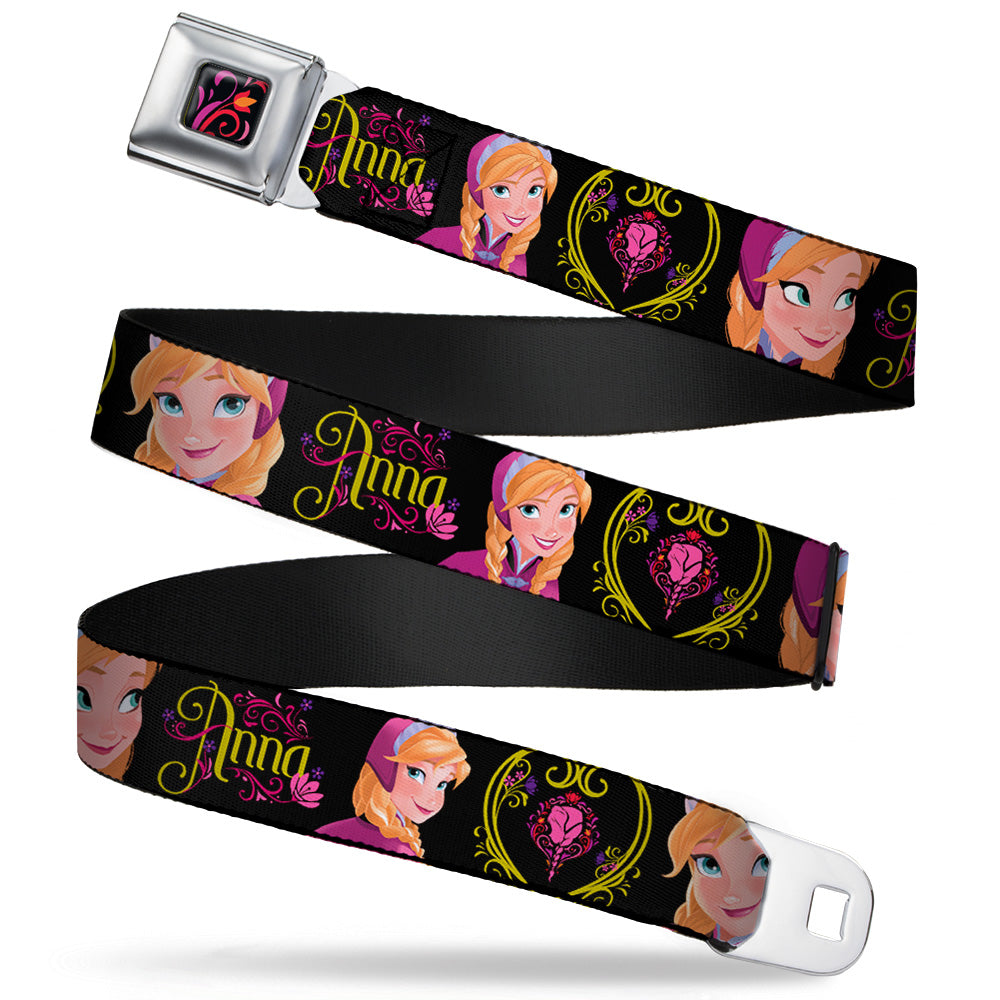 Frozen Tulip Full Color Black Pink Red Orange Seatbelt Belt - ANNA Poses/Anna Monogram Heart Cameo Pinks/Yellow Webbing