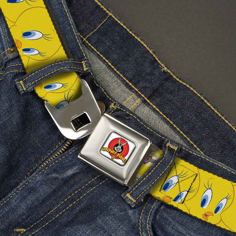 Looney Tunes Logo Full Color White Seatbelt Belt - Tweety Bird Expressions Yellow Webbing