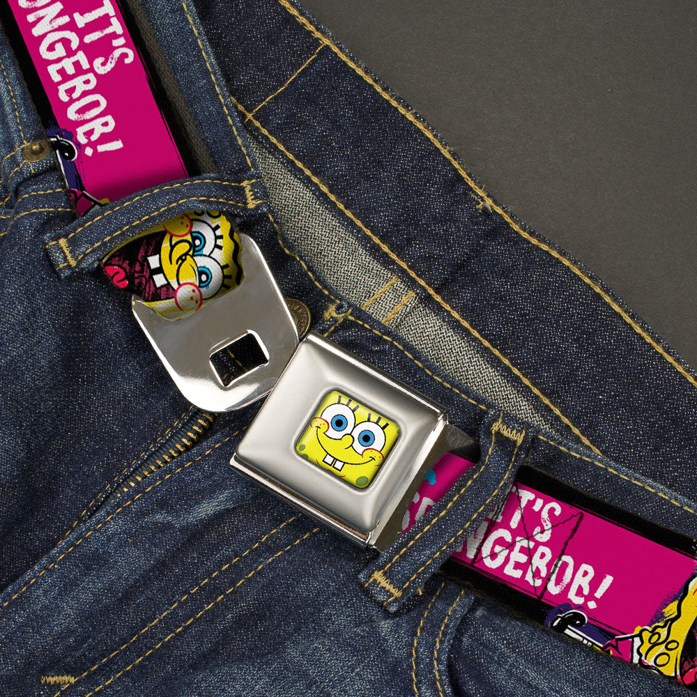 Sponge Bob Face CLOSE-UP Full Color Seatbelt Belt - SpongeBob Pose IT'S SPONGEBOB! Stripe Black/Pink/Blue/White Webbing