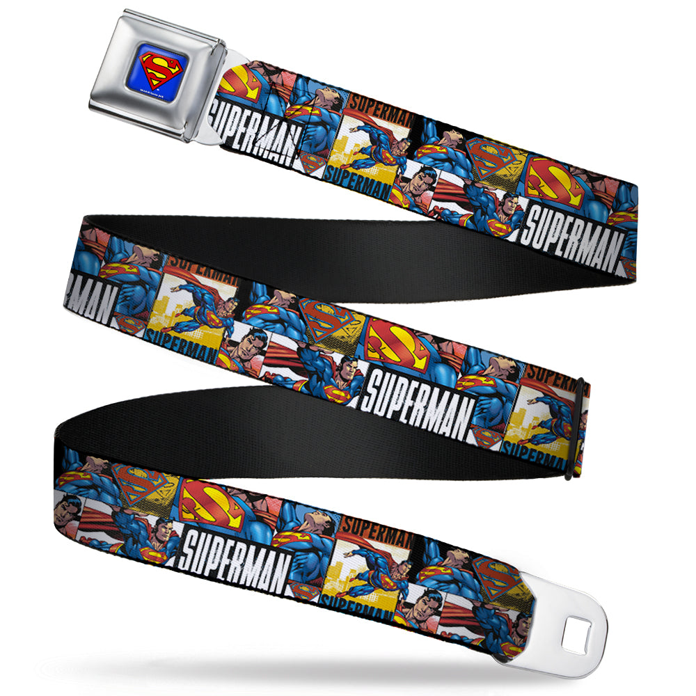 Superman Full Color Blue Seatbelt Belt - SUPERMAN Action Blocks White Webbing