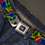 DC Round Logo Black/Silver Seatbelt Belt - Justice League Electric Logos Stacked Black/Multi Neon Webbing