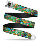 Classic TMNT Logo Full Color Seatbelt Belt - Classic TMNT Turtle Expressions/Pizza/Turtle Shell Buttons Stacked Webbing