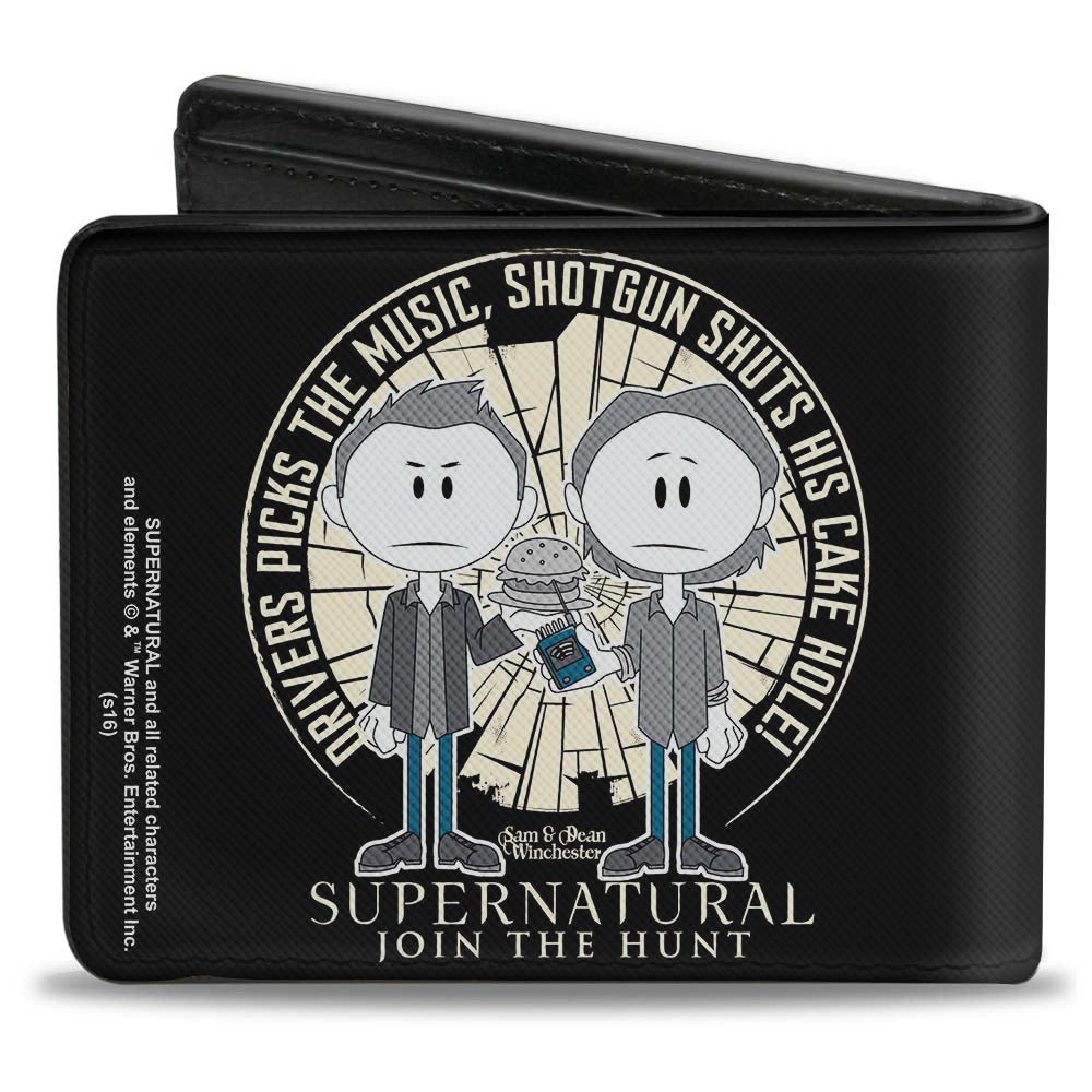 Bi-Fold Wallet - Supernatural Sam & Dean Caricatures DRIVER PICKS THE MUSIC Shattered Glass Black White Grays Blues