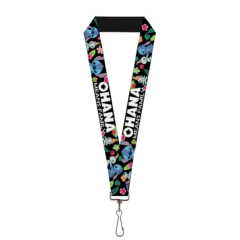 Lanyard - 1.0" - OHANA MEANS FAMILY Stitch & Scrump Poses Tropical Flora Black White Multi Color