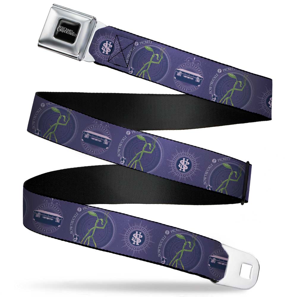 FANTASTIC BEASTS THE CRIMES OF GRINDELWALD Logo Full Color Black/Silvers Seatbelt Belt - BOWTRUCKLE PICKETT Pose/Icons Purples/Blues/White Webbing