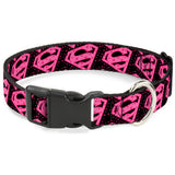 Plastic Clip Collar - Diagonal Superman Logo w/Hearts Black/Pink