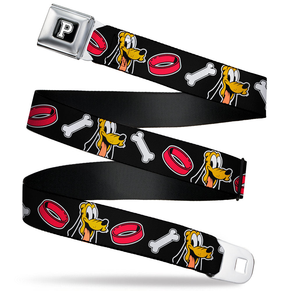 Disney Pluto "P" Logo Full Color Black/White Seatbelt Belt - Disney Pluto Smiling Face/Bone/Collar Black Webbing