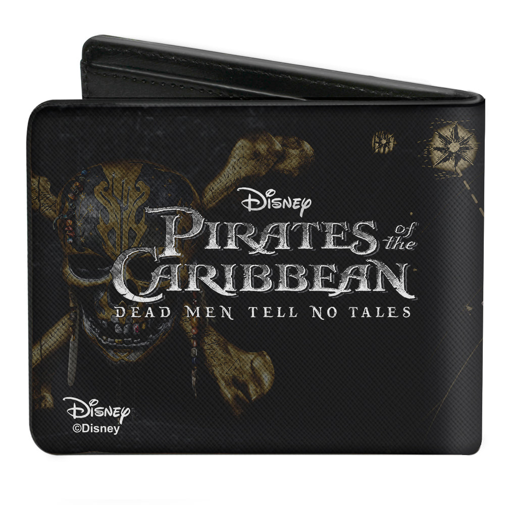 Bi-Fold Wallet - Jack Sparrow Vivid Sword Pose + PIRATES Logo Skull Black Golds Silvers