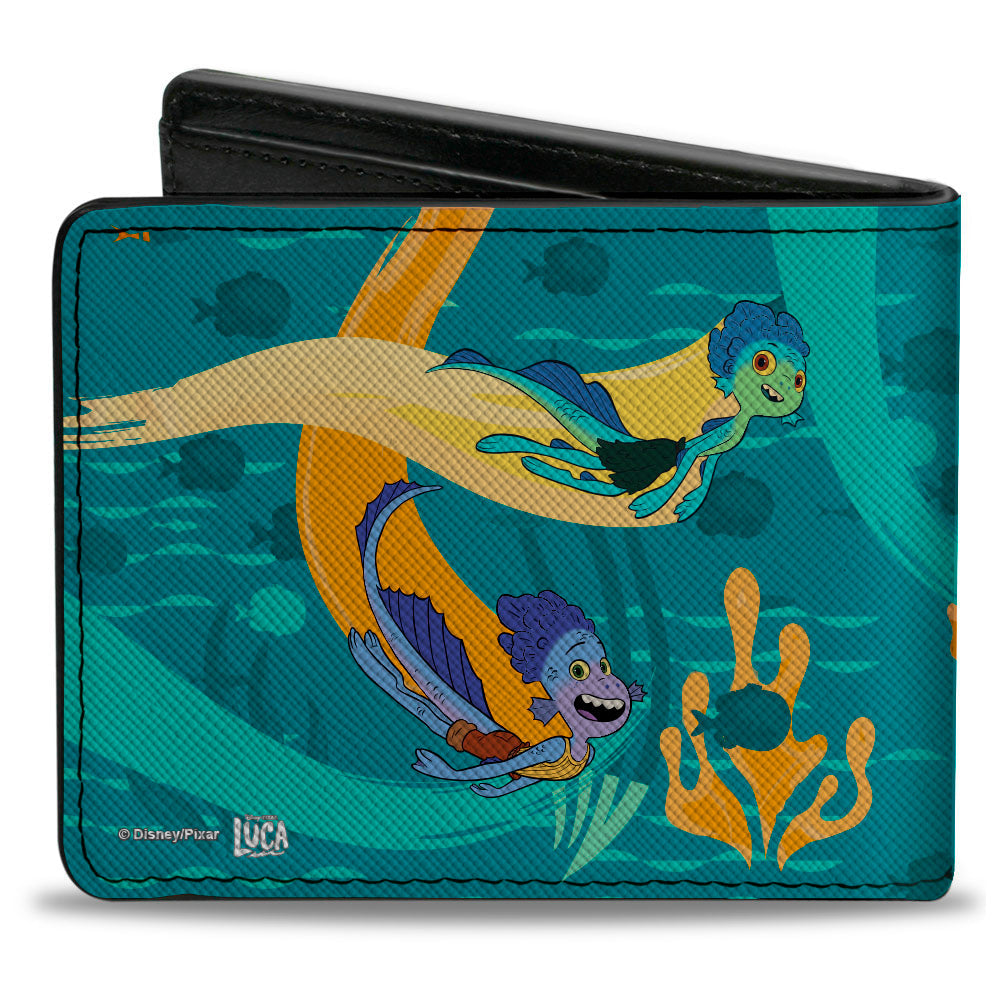 Bi-Fold Wallet - Luca and Alberto Sea Monsters Swimming Poses Turquoise Blues