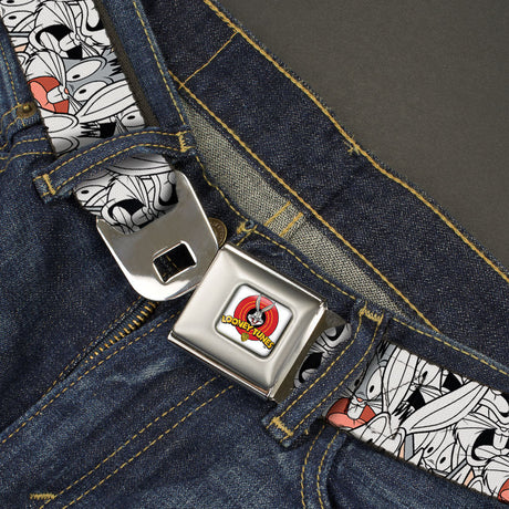 Looney Tunes Logo Full Color White Seatbelt Belt - Bugs Bunny Expressions Stacked White/Black/Gray Webbing