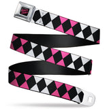 Birds of Prey HARLEY QUINN Text Full Color Black/Pink Seatbelt Belt - Birds of Prey Harley Quinn Diamonds Split White/Black/Pink/Black Webbing