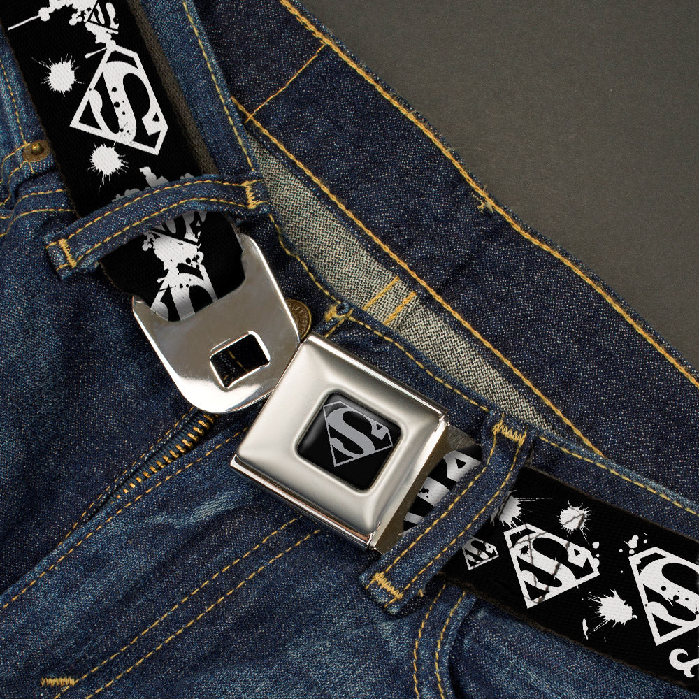 Superman Black Silver Seatbelt Belt - Superman Shield Splatter Black/White Webbing