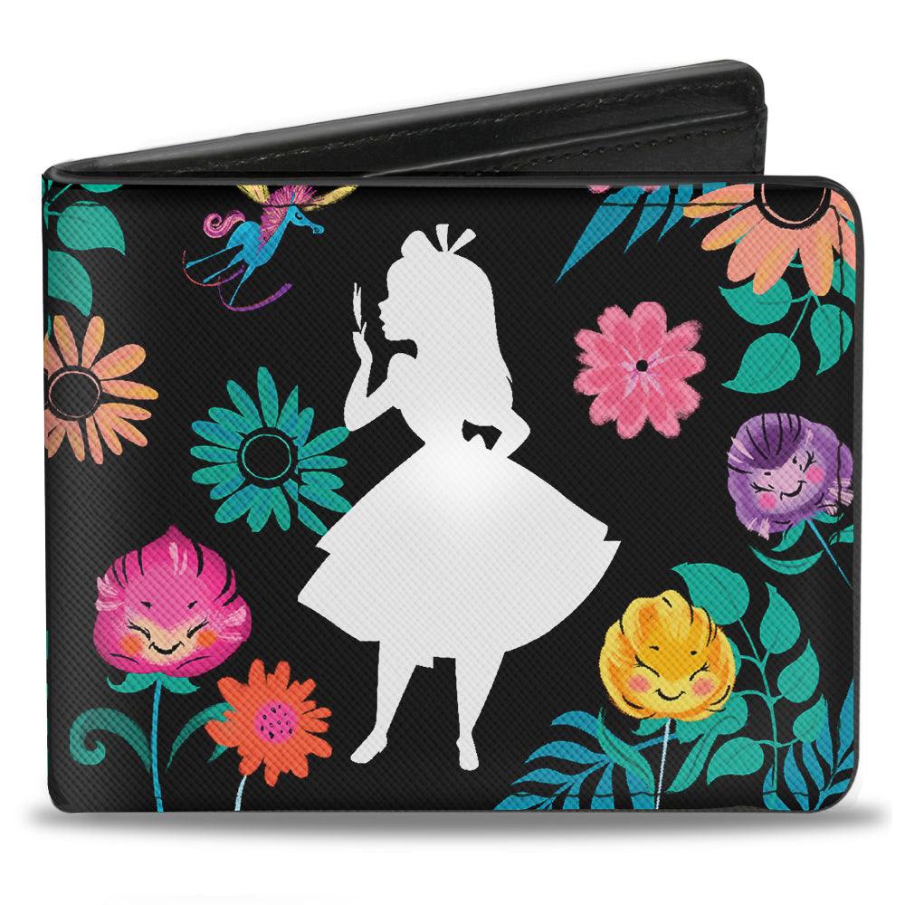 Bi-Fold Wallet - Alice Pose Silhouette + CURIOUSER AND CURIOUSER Floral Collage Black White Multi Color