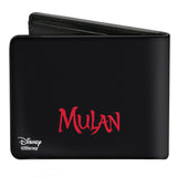 Bi-Fold Wallet - Mulan Sitting on Horse Pose Silhouette + Logo Black Turquoise Red