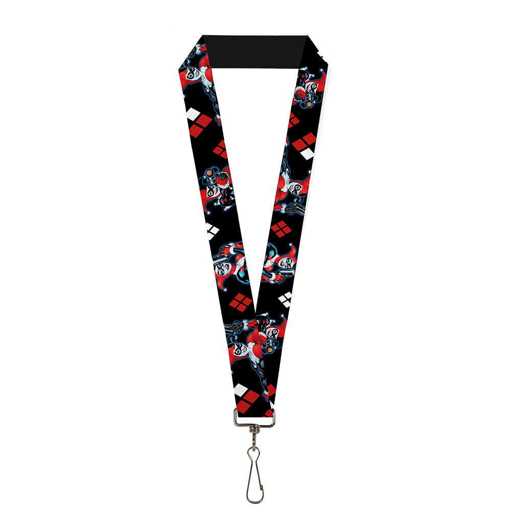 Lanyard - 1.0" - Harley Quinn Shooting Poses Diamonds Black Red White