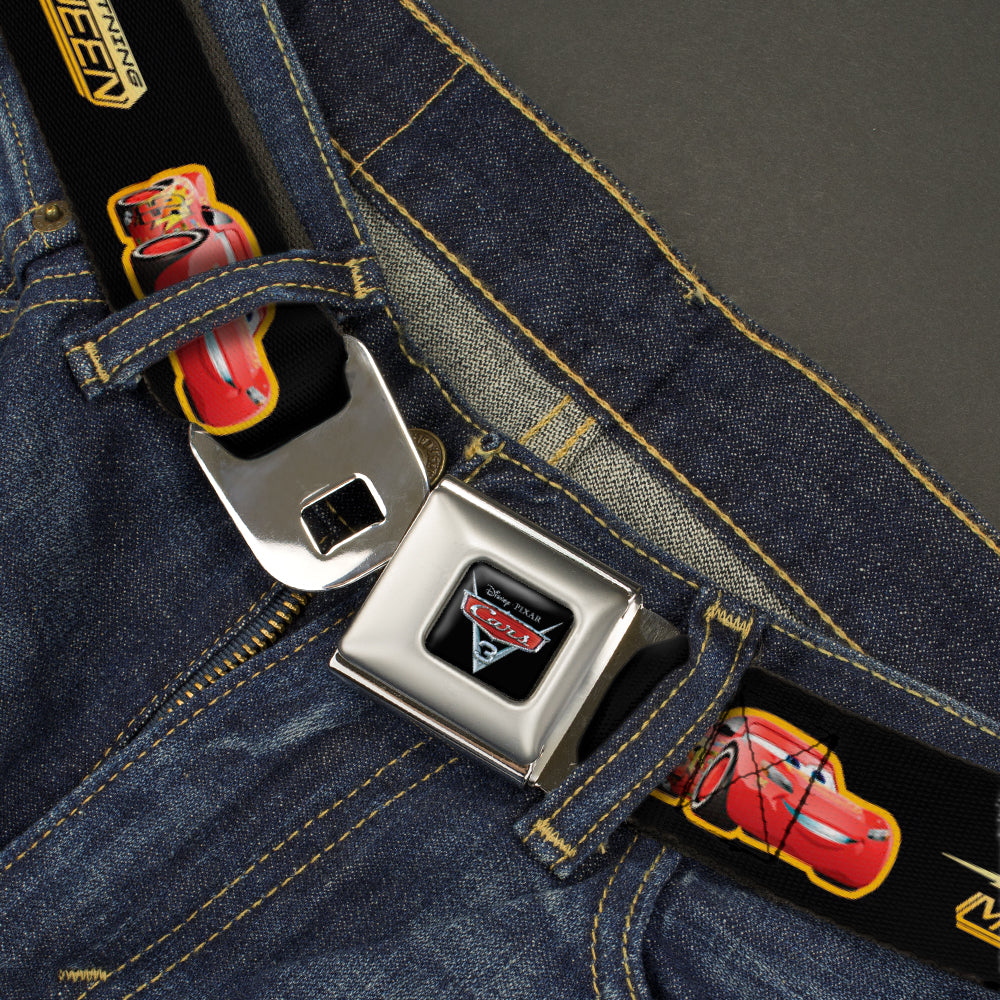 CARS 3 Emblem Full Color Black Silver Red Seatbelt Belt - Cars 3 LIGHTNING MCQUEEN Pose/Bolt Black/Yellows Webbing