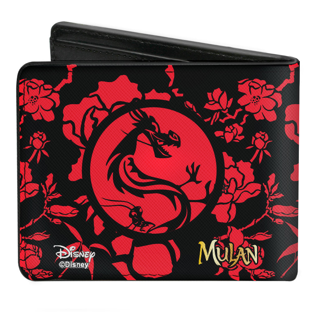 Bi-Fold Wallet - Mulan Flower Blossoms + Mushu Cri-kee Icon Black Red Gold