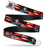 Superman Full Color Blue Seatbelt Belt - Superman Poses/American Flag Webbing