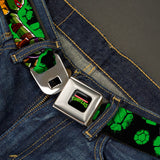 Classic TMNT Logo Full Color Seatbelt Belt - Classic TMNT Turtles Pose11 & Splinter NINJAS IN TRAINING Black/Green Webbing