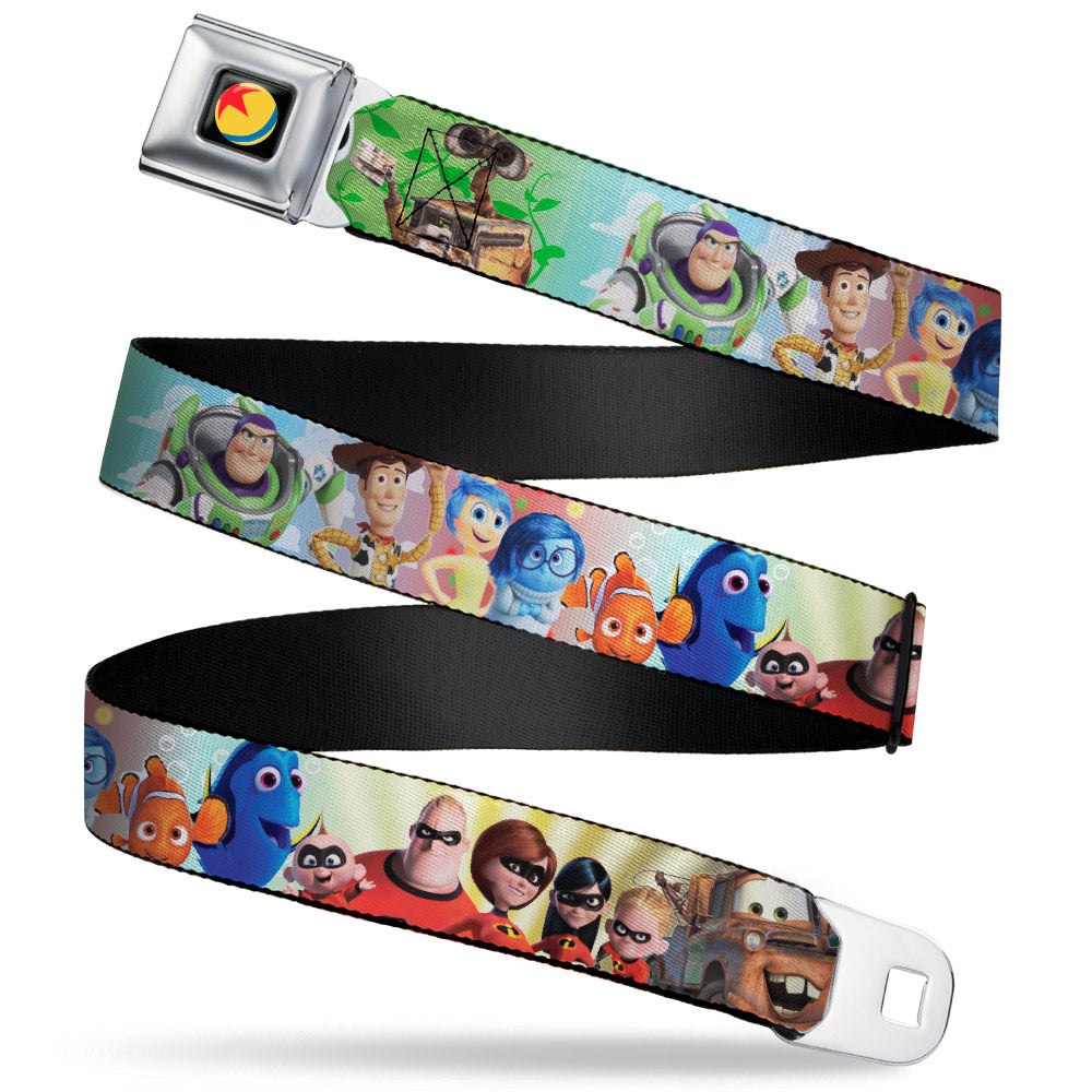 Disney Pixar Luxo Ball Full Color Black/Yellow/Blue/Red Seatbelt Belt - Disney Pixar 7-Movie Character Collage Webbing