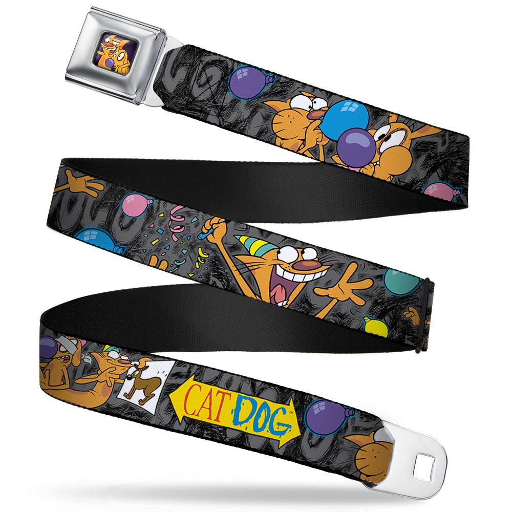 Dog & Cat Pose Full Color Seatbelt Belt - CatDog Party/Balloons/CATDOG Logo Gray/Black/Multi Color Webbing