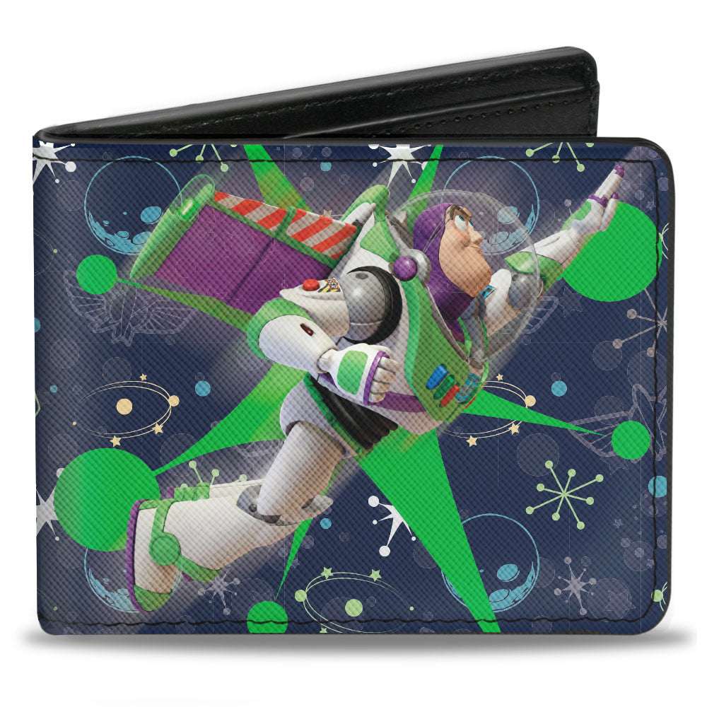 Bi-Fold Wallet - Toy Story Buzz Lightyear Flight Pose + Space Ranger Logo Icons Blues Greens