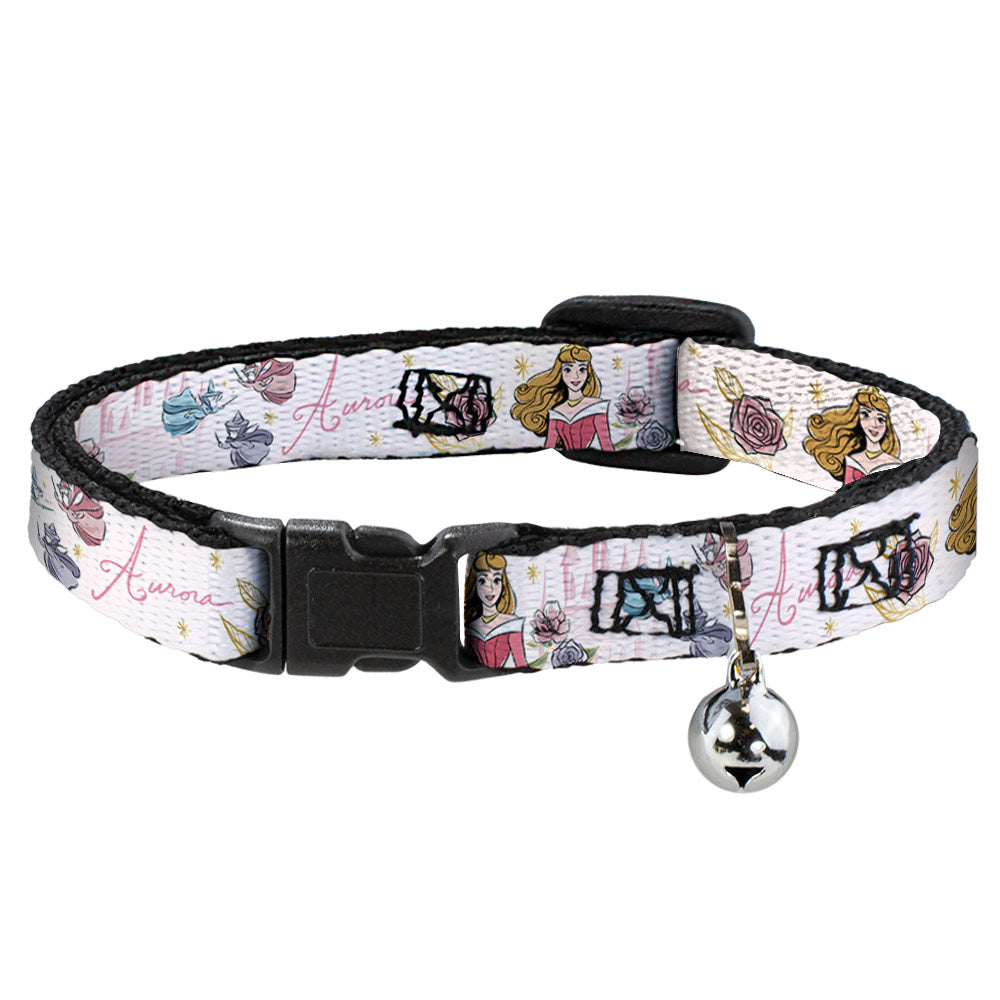 Cat Collar Breakaway with Bell - Sleeping Beauty Aurora Castle and Fairy Godmothers Pose with Script and Flowers White Pinks - NARROW Fits 8.5-12"