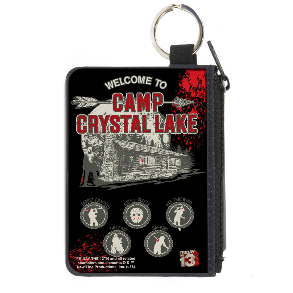 Canvas Zipper Wallet - MINI X-SMALL - Friday the 13th WELCOME TO CAMP CRYSTAL LAKE Jason Cabin Badges Black Grays Reds