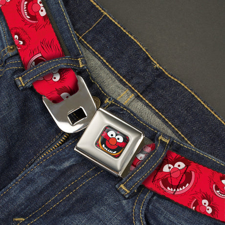 Animal Face CLOSE-UP Full Color Black Seatbelt Belt - Animal Expressions Scattered Reds Webbing