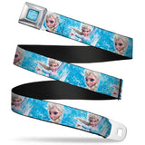 FROZEN Logo Full Color Blues Seatbelt Belt - Frozen Elsa Face/Action Pose/Snowflakes Blues/White Webbing