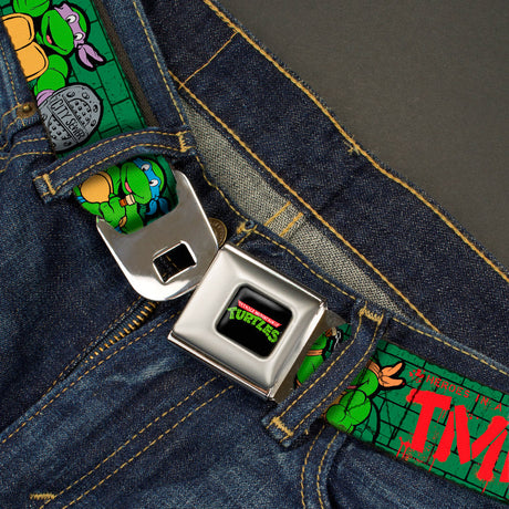 Classic TMNT Logo Full Color Seatbelt Belt - Classic Teenage Mutant Ninja Turtles Group Pose2/TMNT Green Brick Wall Webbing