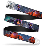 Big Hero "6" Name Blocks Full Color Black Gray White Seatbelt Belt - Hiro & Baymax Action Poses/San Fransokyo Webbing