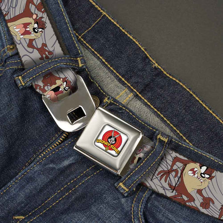 Looney Tunes Logo Full Color White Seatbelt Belt - Tasmanian Devil Expressions Gray Swirl Webbing